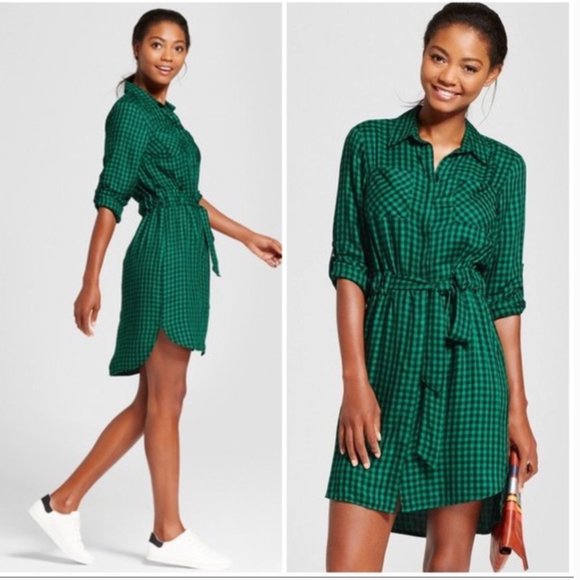 a new day Dresses & Skirts - a new day green button down gingham dress w/collar